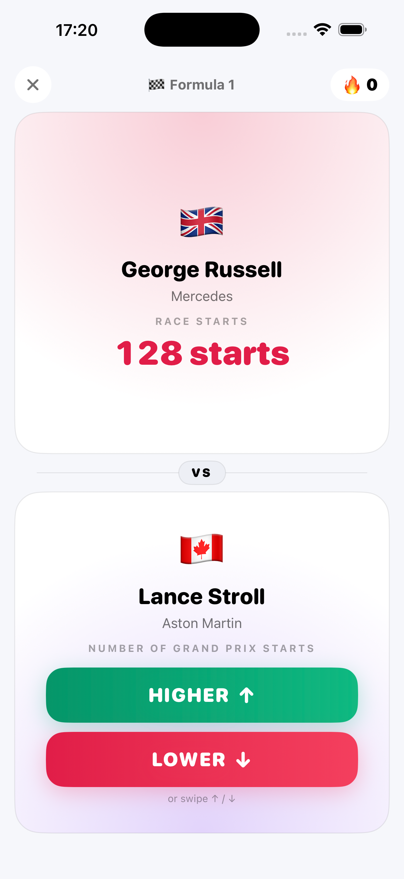 Higher or Lower gameplay on iPhone